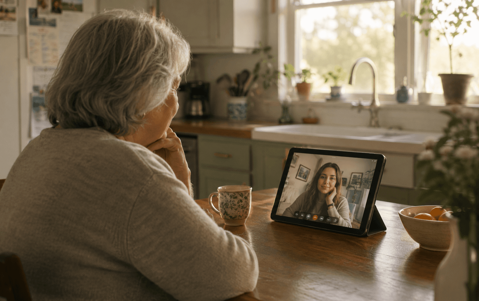 An older woman at her kitchen table on a video call with her adult daughter