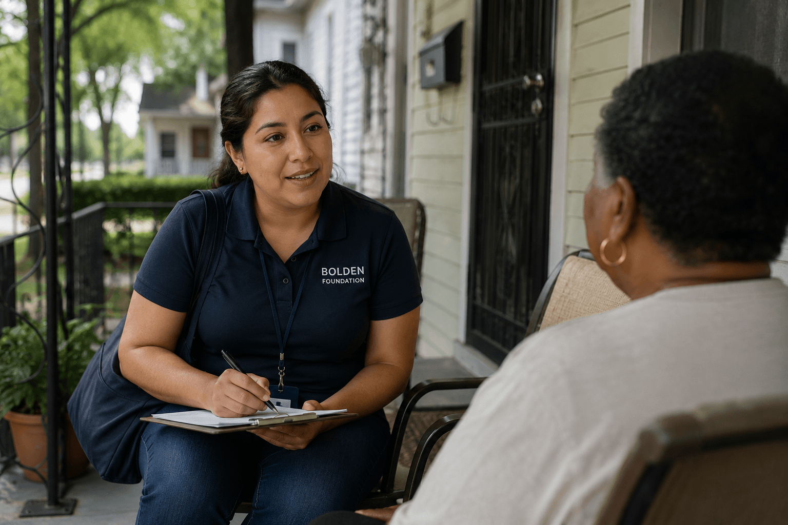 A Bolden Foundation community health worker meeting with a resident on a front porch