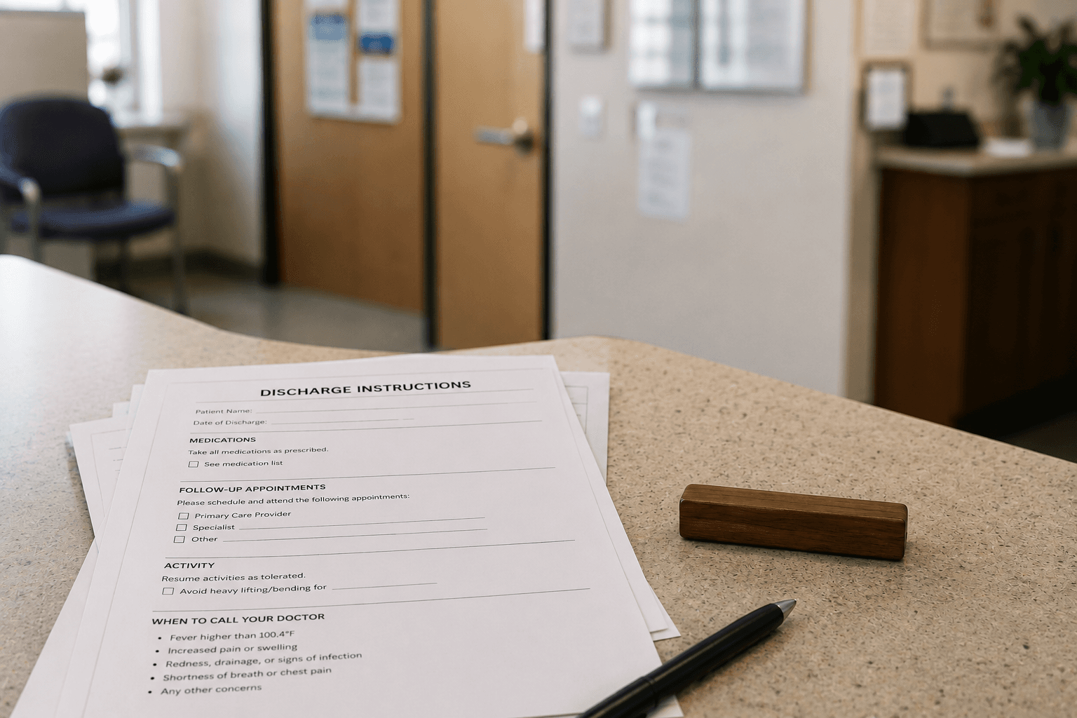 Hospital discharge instructions on a clinic counter