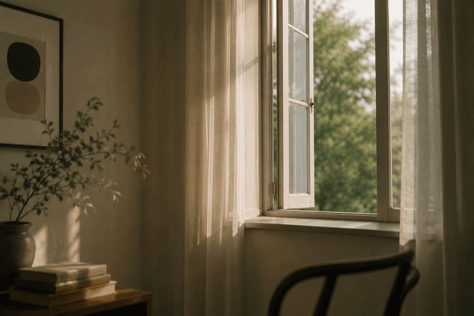 An open window with sheer curtains in a quiet room with soft afternoon light