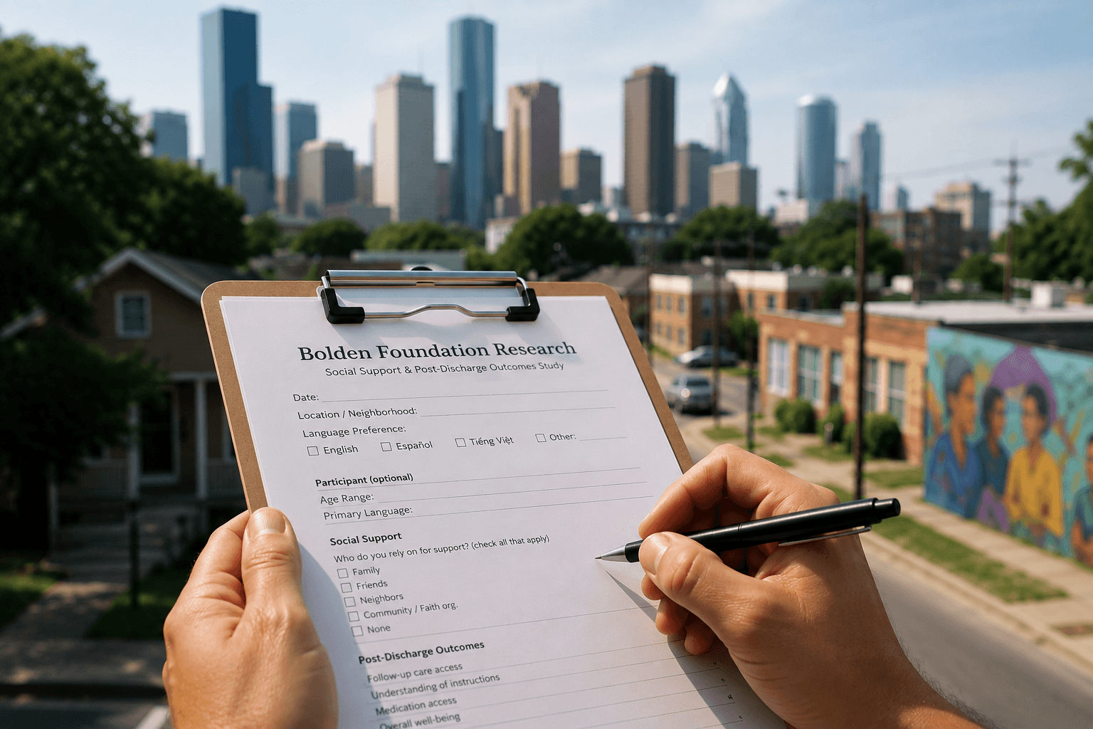 Hands holding a Bolden Foundation research clipboard with the Houston skyline in the background