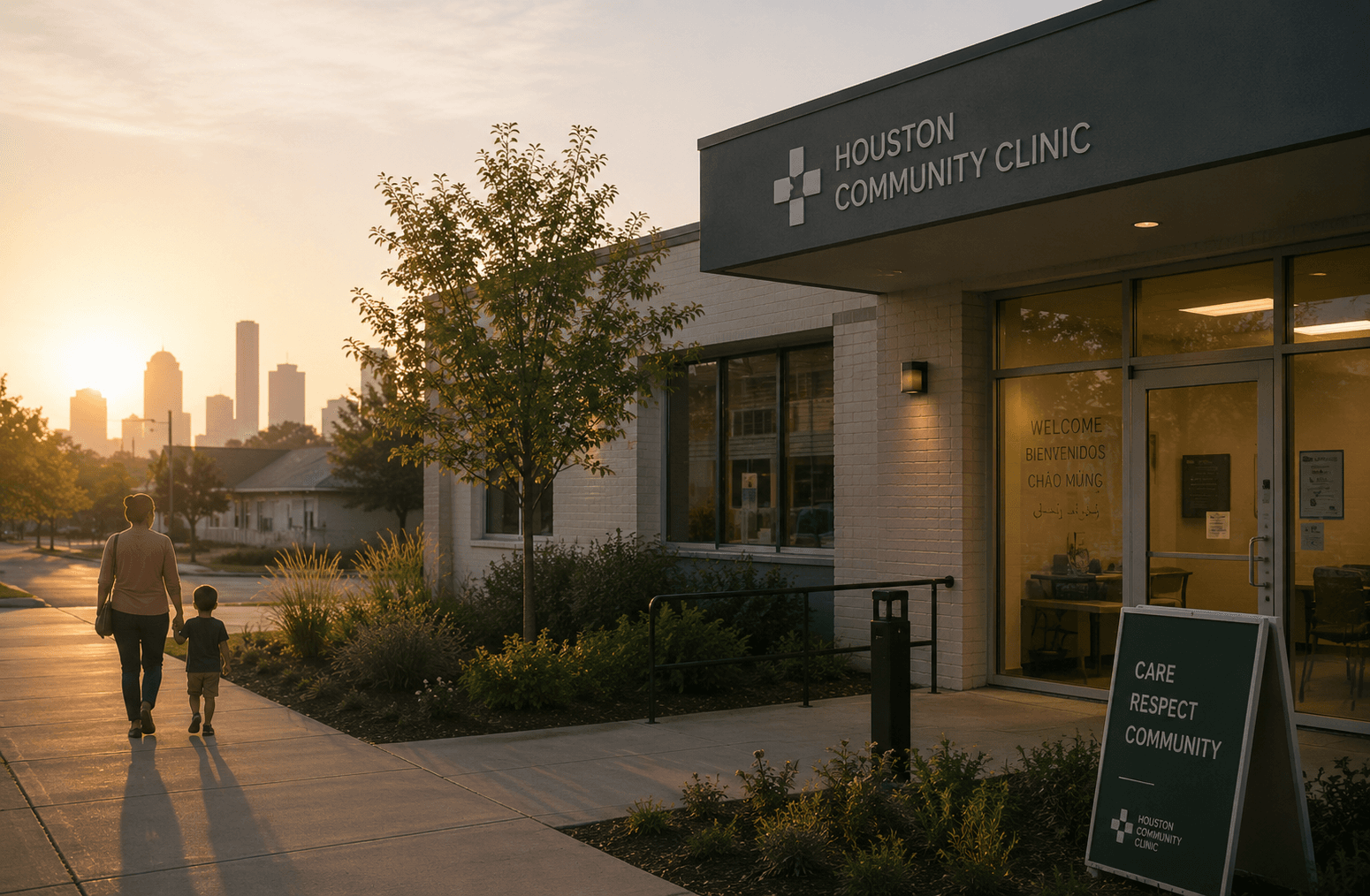 Houston community clinic at sunrise with a parent and child walking toward the entrance